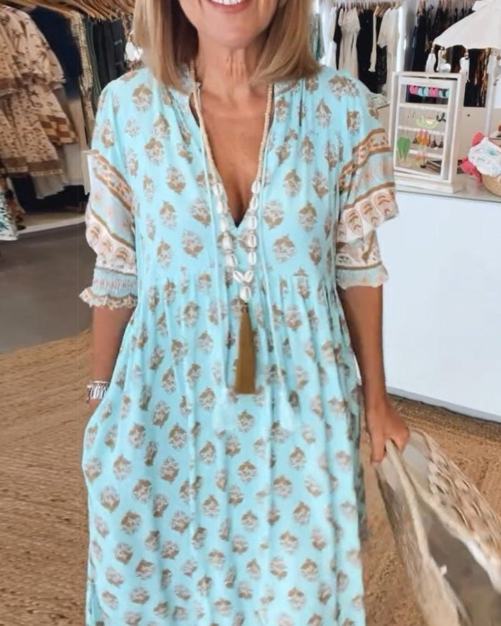 Saskia | Women's Floral V-Neck Dress, Flowing Midi Dress | The Shrader Sisters