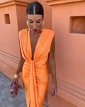 Savannah | Women's Elegant V-Neck Maxi Dress with Drape, Flowy Summer Occasionwear for Holidays and Special Events, Flowy Summer Occasionwear for Holidays and Special Events - Arancione