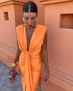 Savannah | Women's Elegant V-Neck Maxi Dress with Drape, Flowy Summer Occasionwear for Holidays and Special Events, Flowy Summer Occasionwear for Holidays and Special Events - Arancione