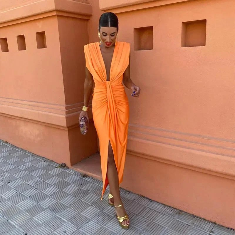 Savannah | Women's Elegant V-Neck Maxi Dress with Drape, Flowy Summer Occasionwear for Holidays and Special Events, Flowy Summer Occasionwear for Holidays and Special Events - Blu