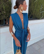 Savannah | Women's Elegant V-Neck Maxi Dress with Drape, Flowy Summer Occasionwear for Holidays and Special Events, Flowy Summer Occasionwear for Holidays and Special Events - Rosa