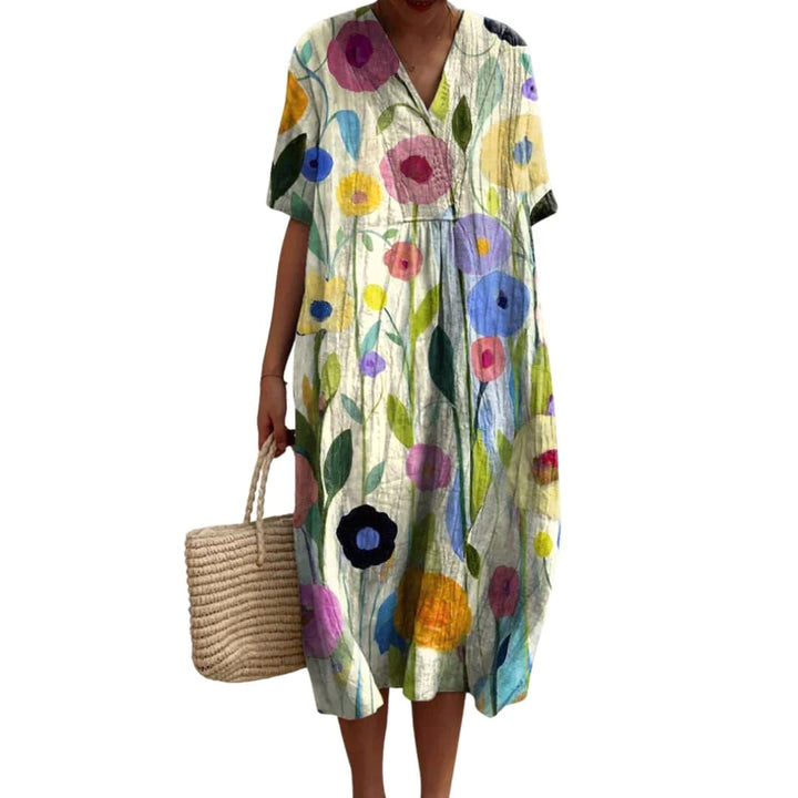 Savannah | Women's Floral V-Neck Cotton Midi Dress - MultiColour