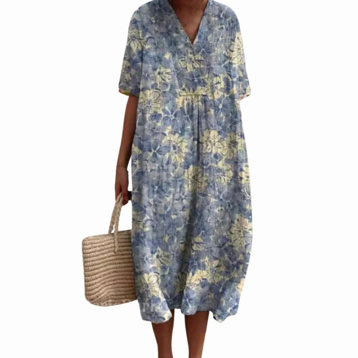 Savannah | Women's Floral V-Neck Cotton Midi Dress - Blue