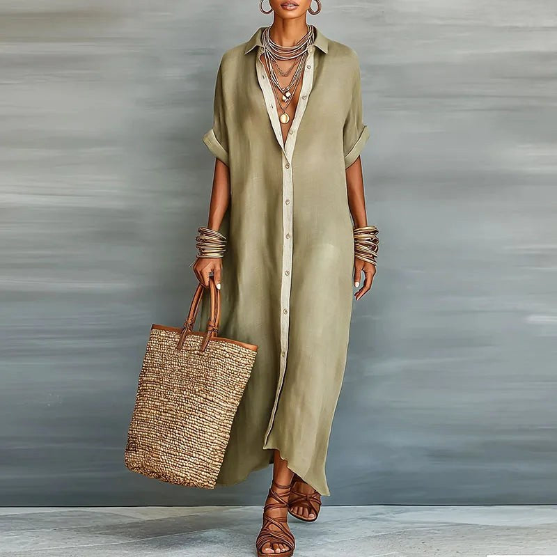 Savannah | Women's Linen Long Shirt Sundress - Khaki