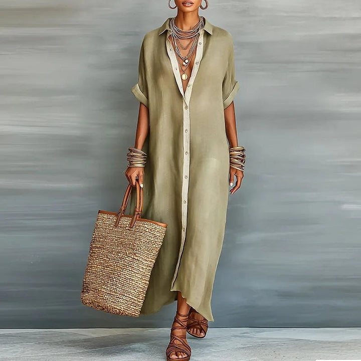 Savannah | Women's Linen Long Shirt Sundress - Khaki