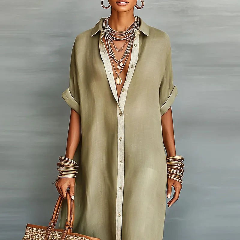 Savannah | Women's Linen Long Shirt Sundress - Green
