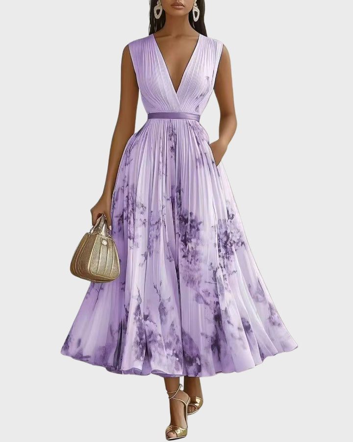 Savannah | Women's Pleated V-Neck Maxi Dress - Purple