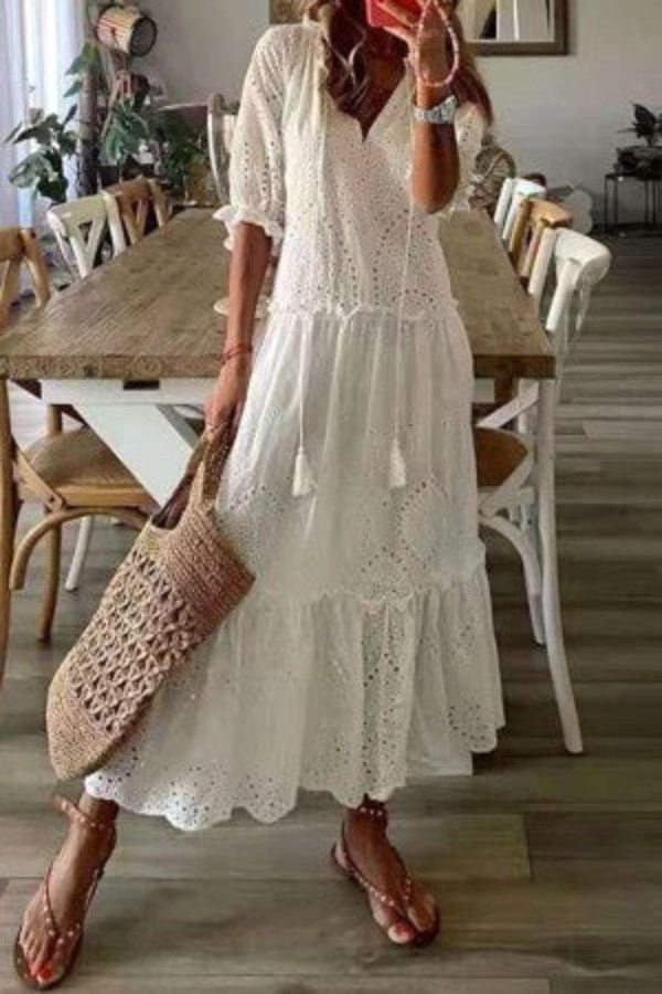 Scarlett | Women's Cotton Floral V-Neck Maxi Dress, Lightweight Summer Dress for Holidays and Resort Wear, Lightweight Summer Dress for Holidays and Resort Wear - White 2