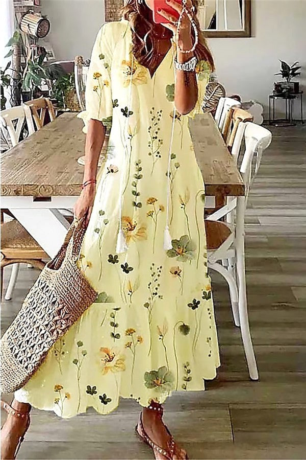 Scarlett | Women's Cotton Floral V-Neck Maxi Dress, Lightweight Summer Dress for Holidays and Resort Wear, Lightweight Summer Dress for Holidays and Resort Wear - Yellow