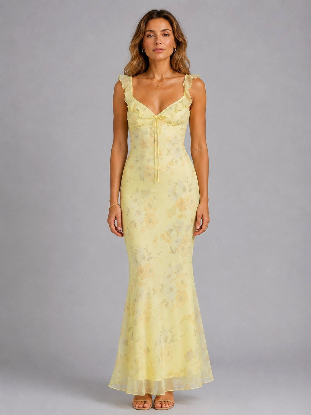 Sheree | Women's Floral Maxi Dress with Ruffle Straps, Wedding Guest Dress | The Shrader Sisters | Yellow