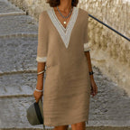 Sienna | Women's Cotton-Linen Midi Dress with V-Neckline, Lace-Trim Midi Dress | The Shrader Sisters