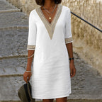 Sienna | Women's Cotton-Linen Midi Dress with V-Neckline, Lace-Trim Midi Dress | The Shrader Sisters