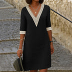 Sienna | Women's Cotton-Linen Midi Dress with V-Neckline, Lace-Trim Midi Dress | The Shrader Sisters