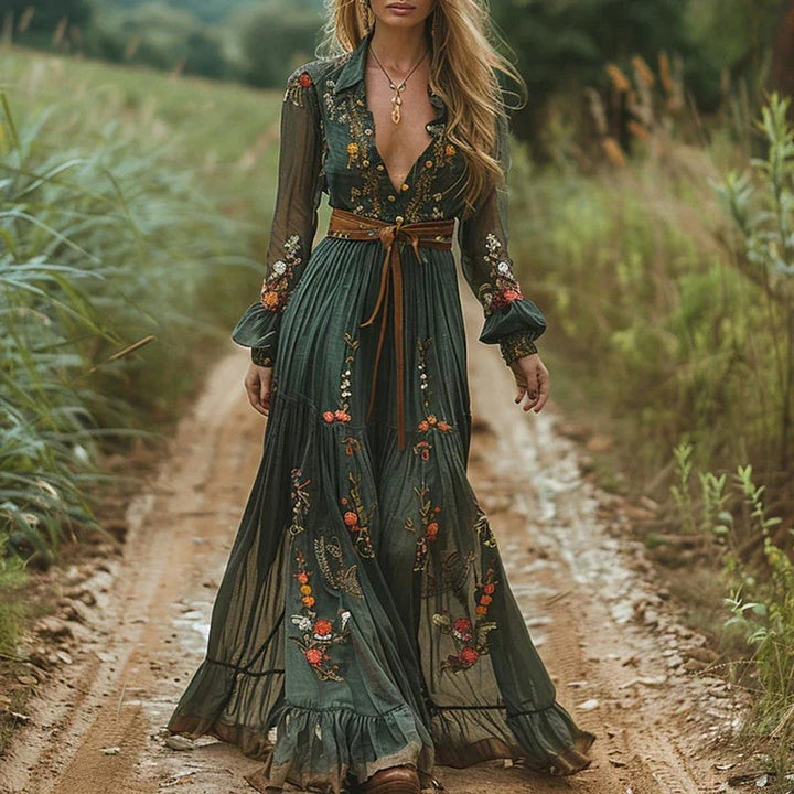 Sienna | Women's Embroidered Bohemian V-Neck Maxi Dress - Green