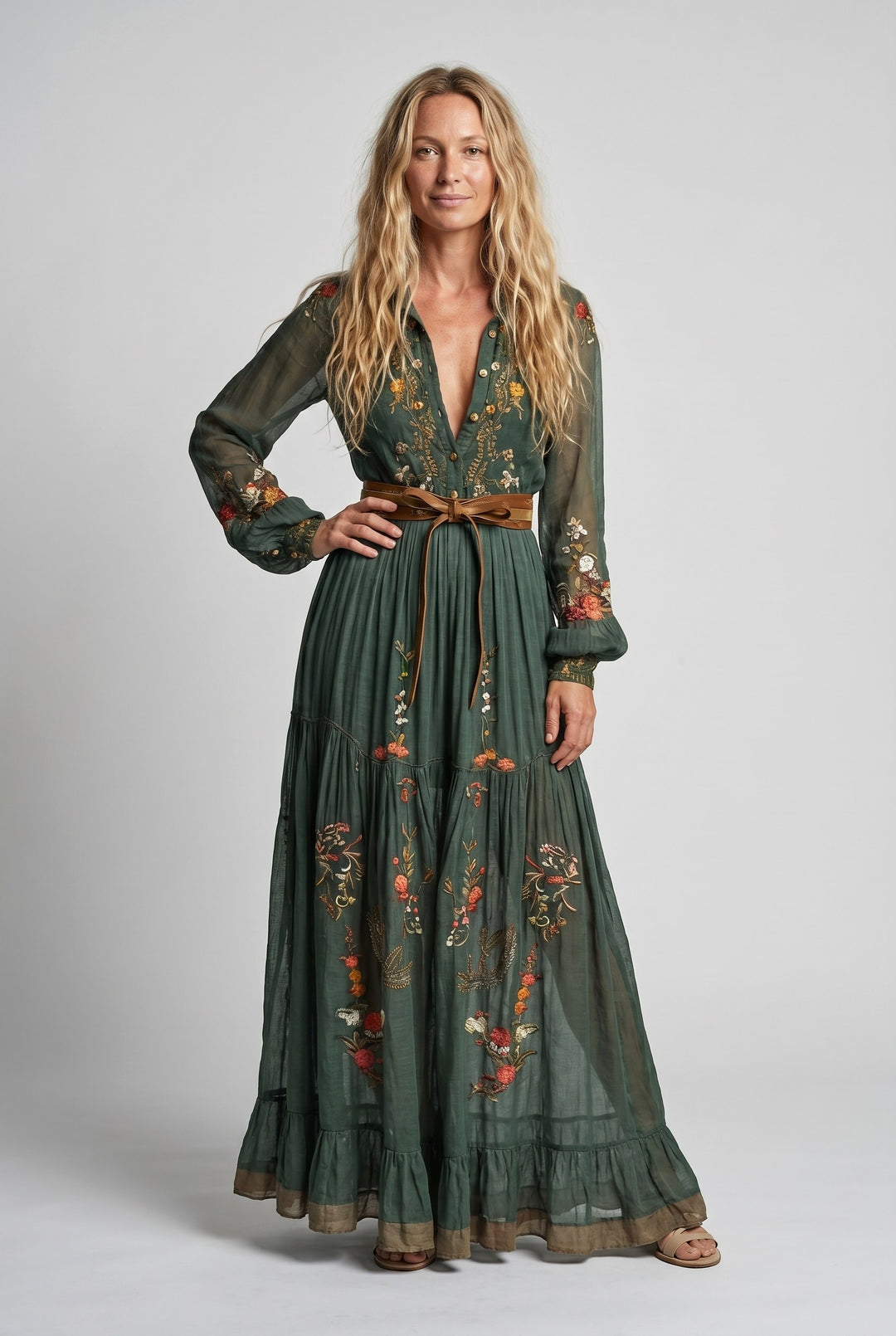 Sienna | Women's Embroidered Bohemian V-Neck Maxi Dress - Dark Brown