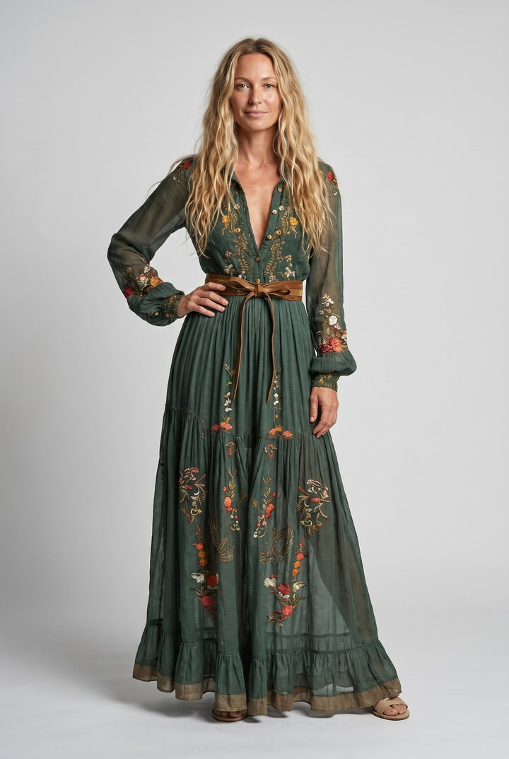 Sienna | Women's Embroidered Bohemian V-Neck Maxi Dress - Dark Brown