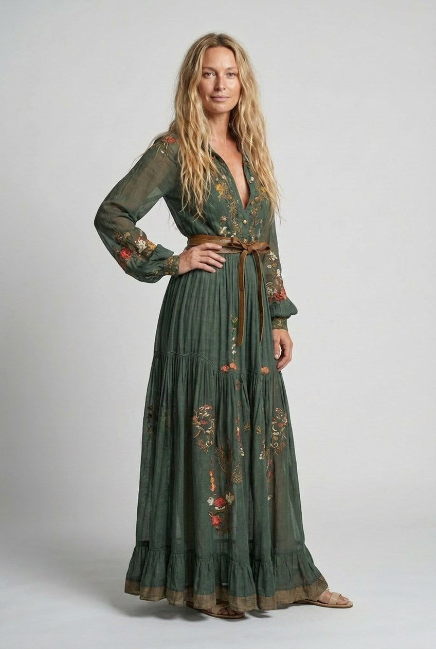 Sienna | Women's Embroidered Bohemian V-Neck Maxi Dress - image 3