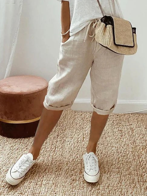 Sienna | Women's Lightweight Capri Trousers with Elasticated Waist, Drawstring Cropped Trousers | The Shrader Sisters | Khaki
