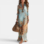 Sienna | Women's Maxi Shirt Dress with Mediterranean Print, Flowing Collar Dress | The Shrader Sisters
