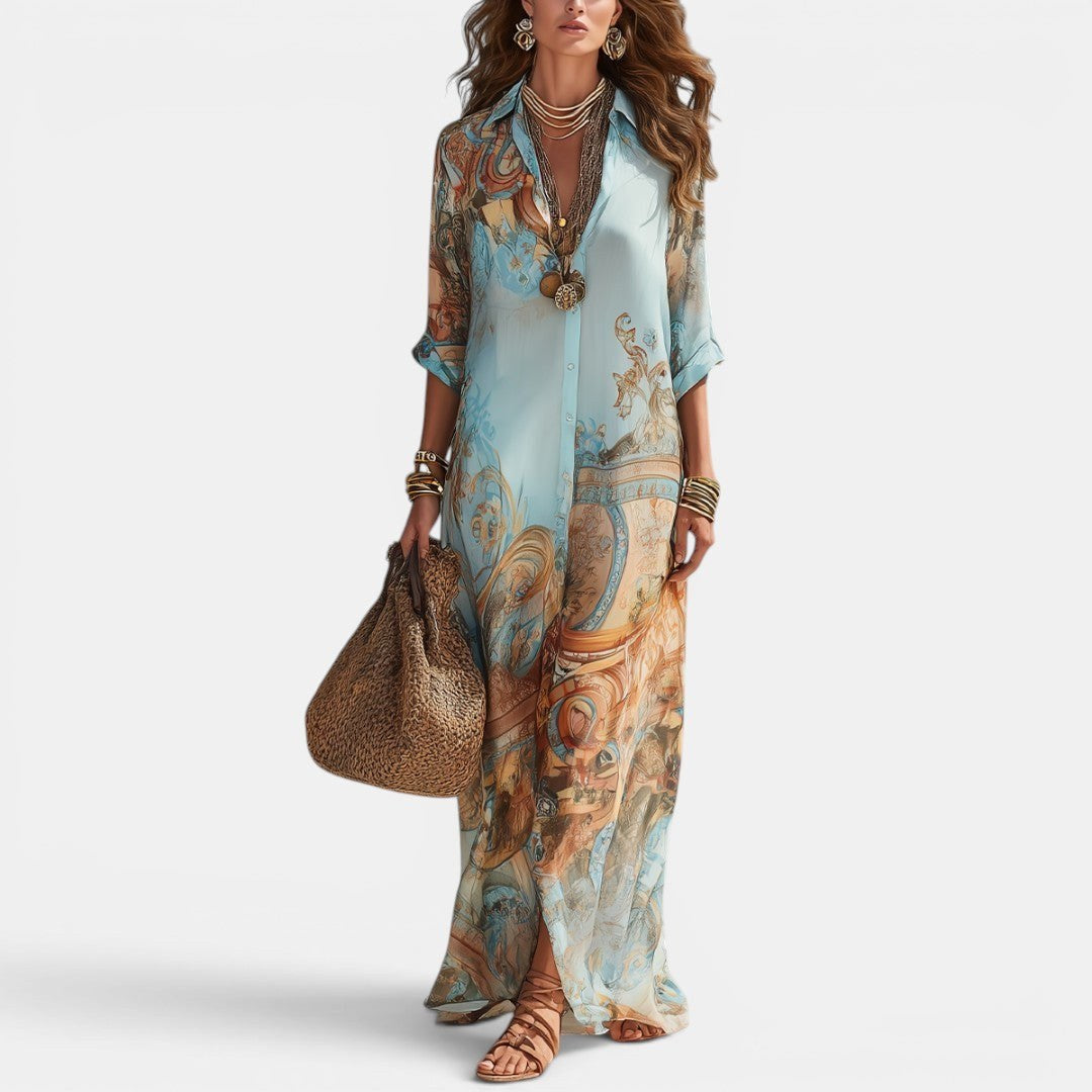 Sienna | Women's Maxi Shirt Dress with Mediterranean Print, Flowing Collar Dress | The Shrader Sisters