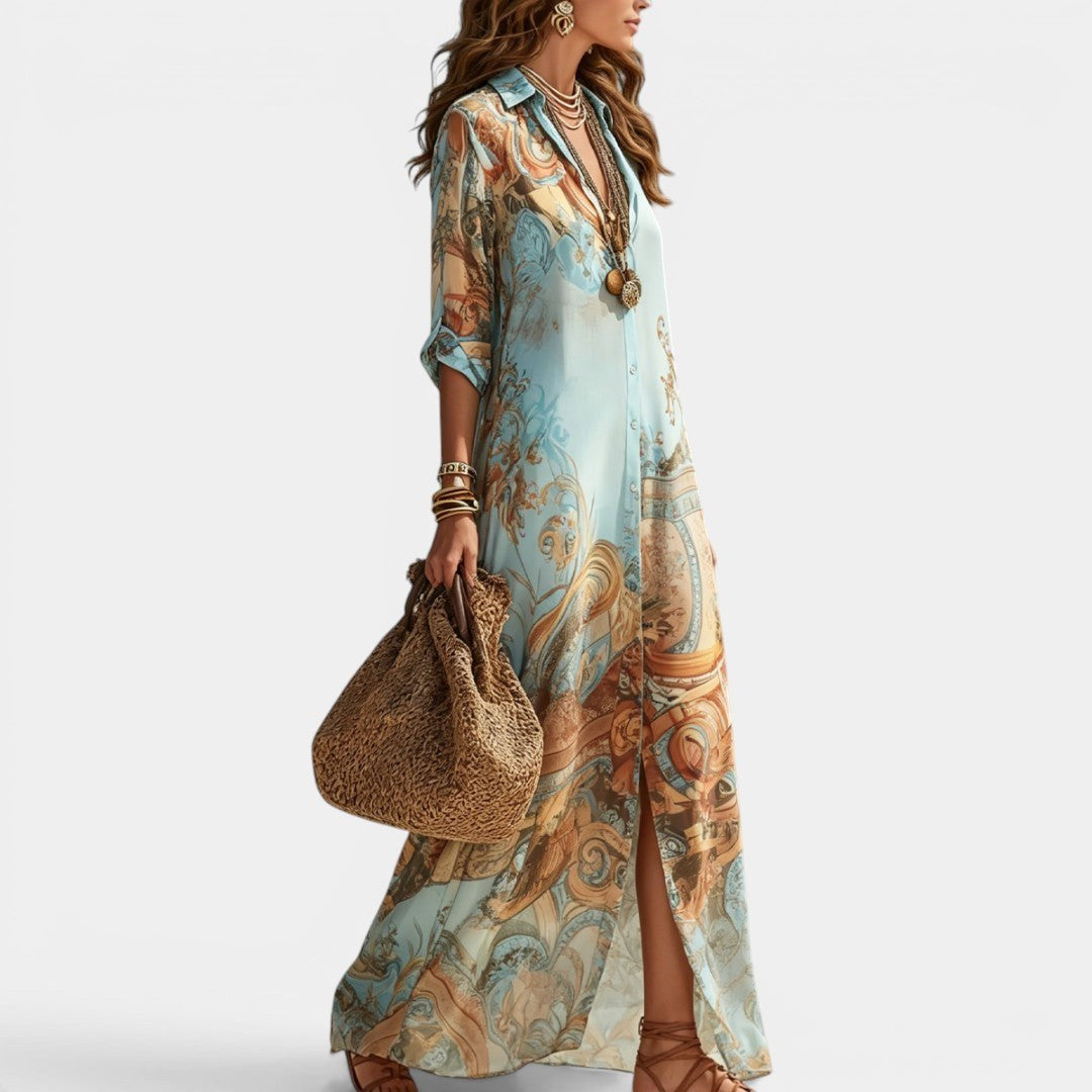 Sienna | Women's Maxi Shirt Dress with Mediterranean Print, Flowing Collar Dress | The Shrader Sisters
