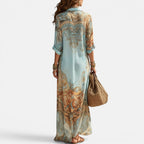 Sienna | Women's Maxi Shirt Dress with Mediterranean Print, Flowing Collar Dress | The Shrader Sisters