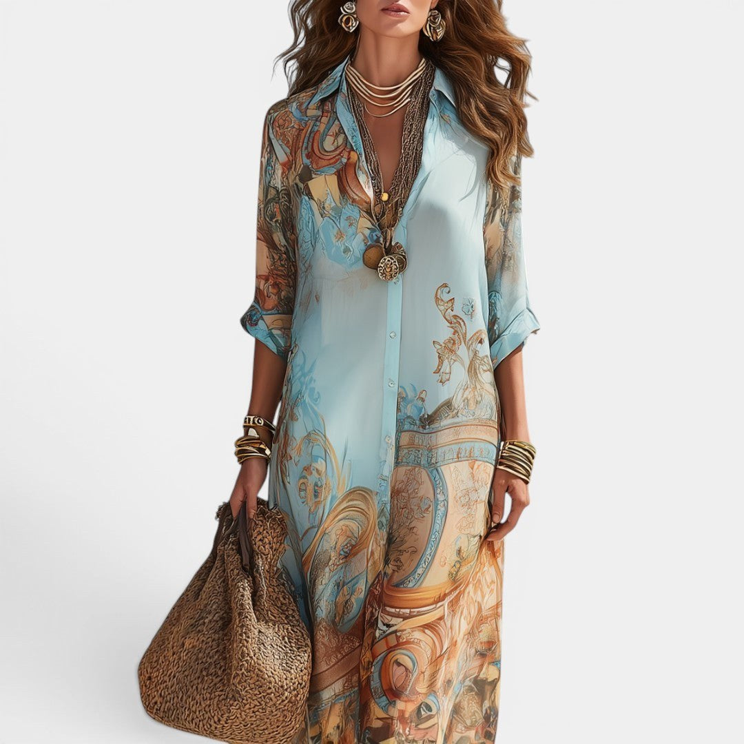 Sienna | Women's Maxi Shirt Dress with Mediterranean Print, Flowing Collar Dress | The Shrader Sisters