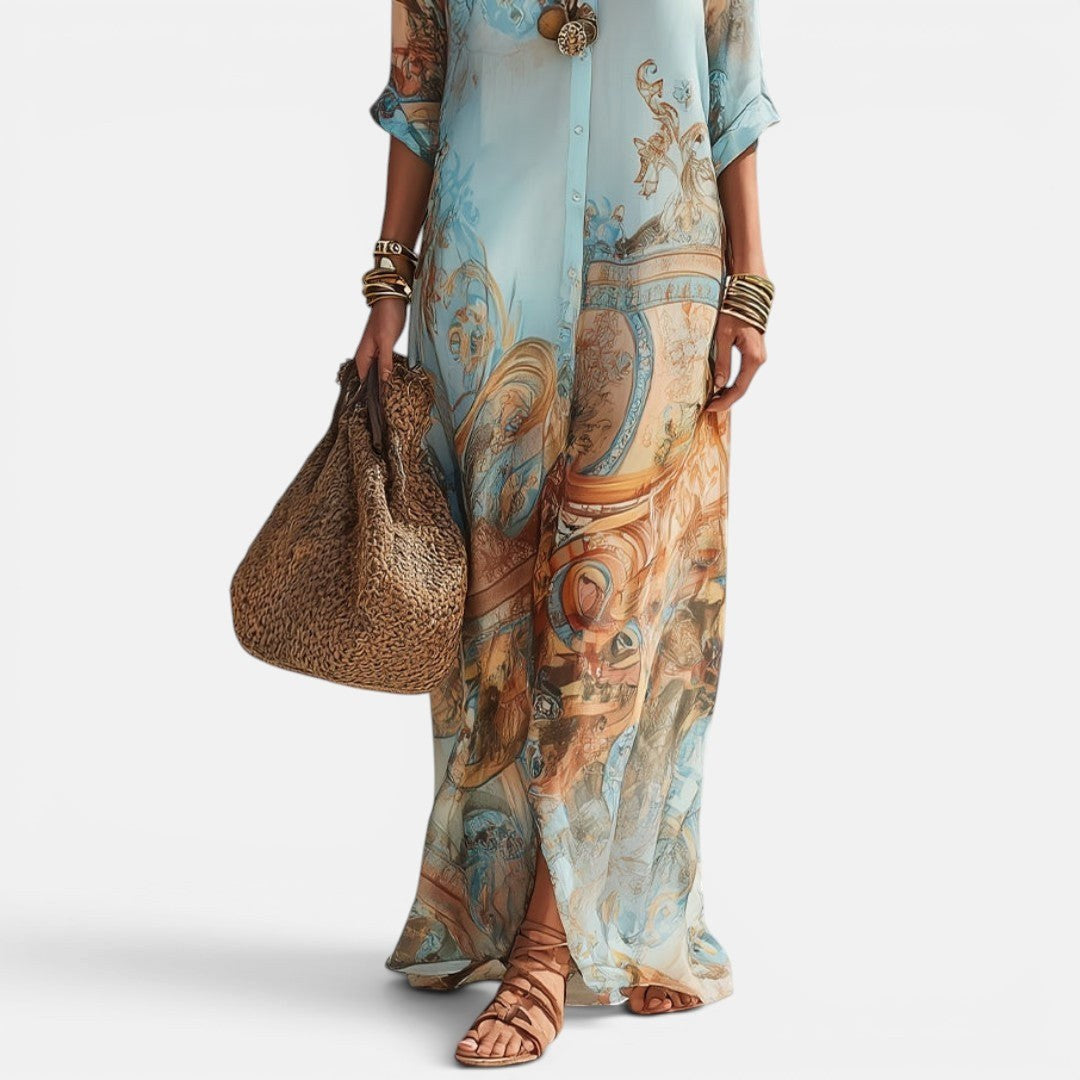 Sienna | Women's Maxi Shirt Dress with Mediterranean Print, Flowing Collar Dress | The Shrader Sisters
