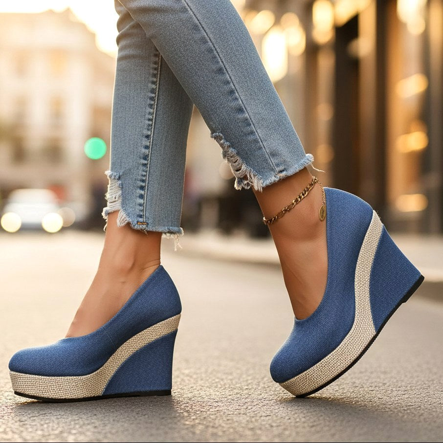 Simone | Women's Wedge Slip-On Shoes, Textured Platform Shoes | The Shrader Sisters | Blue