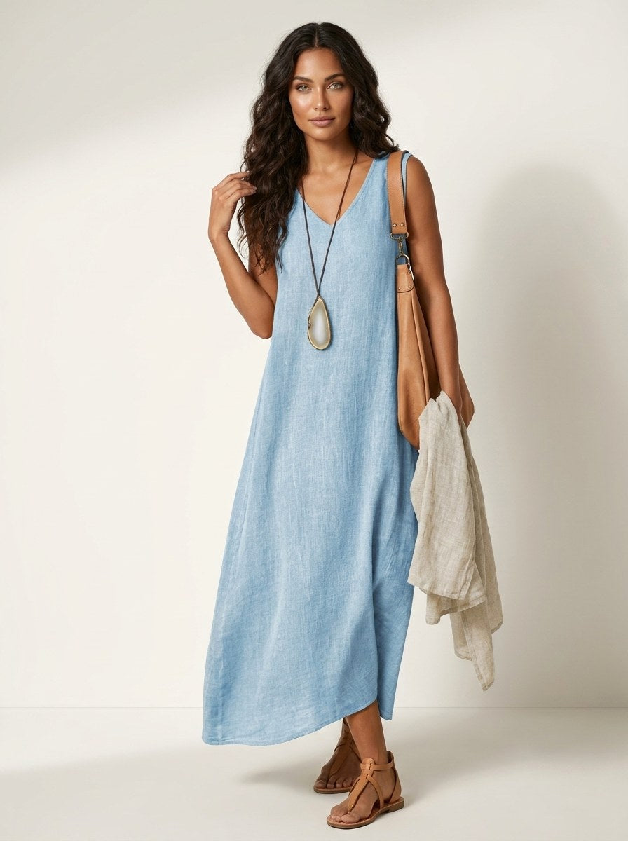 Skye | Women's Linen-Look Maxi Dress, V-Neck Sleeveless Dress | The Shrader Sisters | Khaki