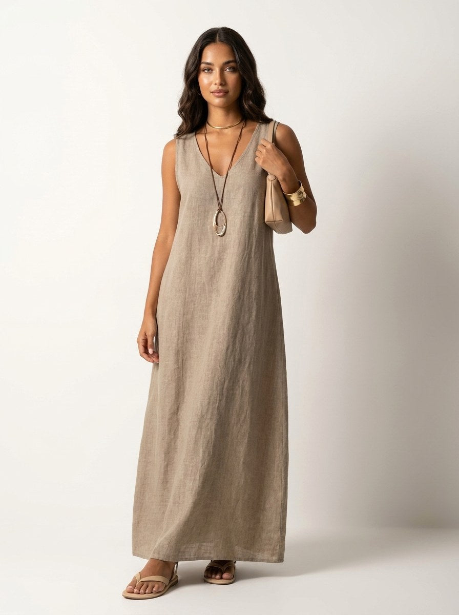 Skye | Women's Linen-Look Maxi Dress, V-Neck Sleeveless Dress | The Shrader Sisters | Roze