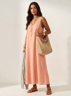 Skye | Women's Linen-Look Maxi Dress, V-Neck Sleeveless Dress | The Shrader Sisters | Oranje