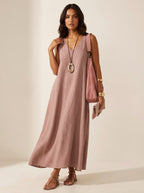 Skye | Women's Linen-Look Maxi Dress, V-Neck Sleeveless Dress | The Shrader Sisters | Lichtblauw