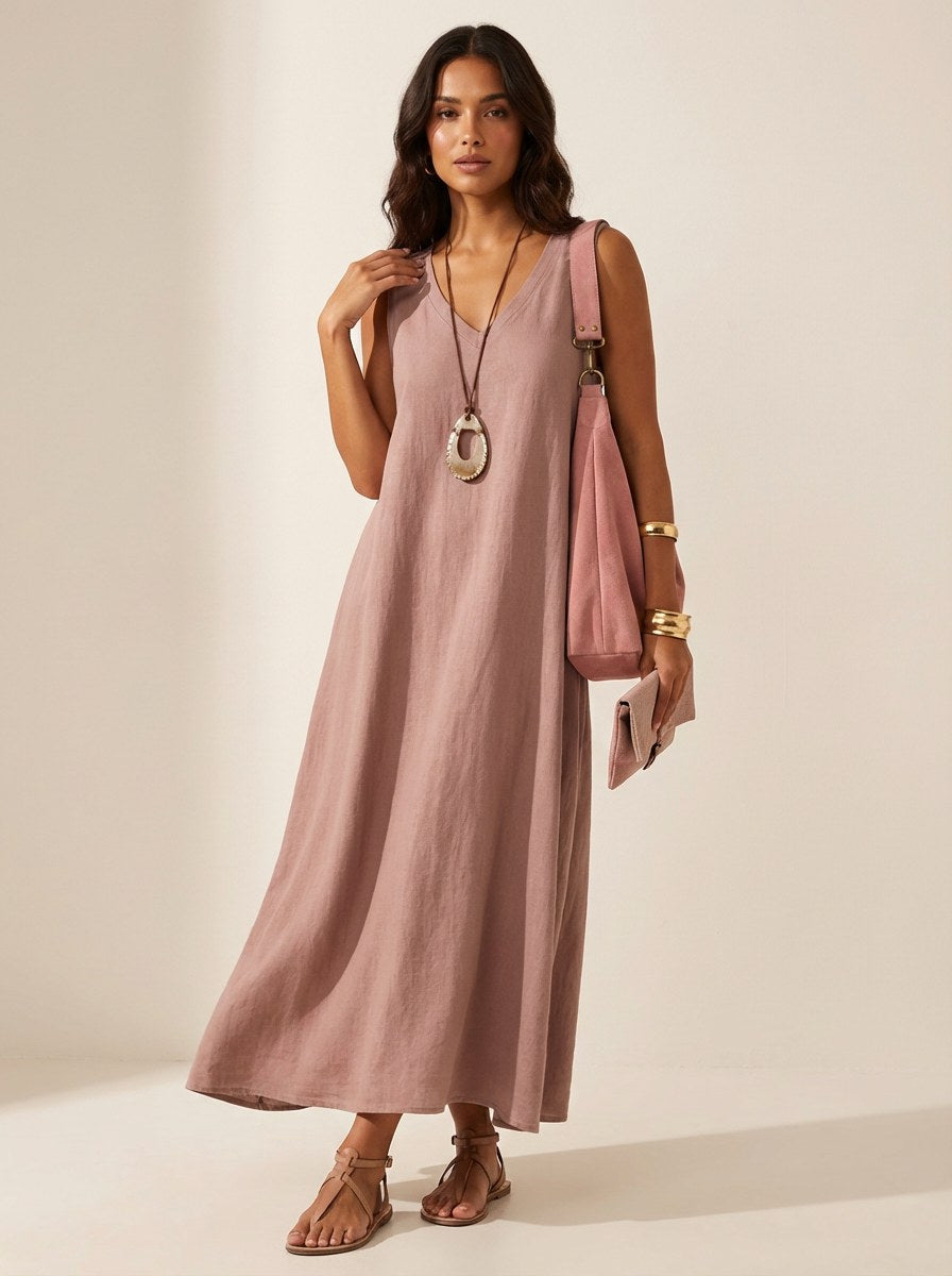 Skye | Women's Linen-Look Maxi Dress, V-Neck Sleeveless Dress | The Shrader Sisters | Lichtblauw