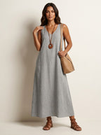 Skye | Women's Linen-Look Maxi Dress, V-Neck Sleeveless Dress | The Shrader Sisters | Grijs