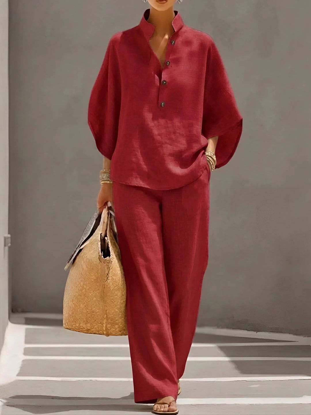 Sloane | Women's Mandarin Collar Kimono Linen Two-Piece Set - Red