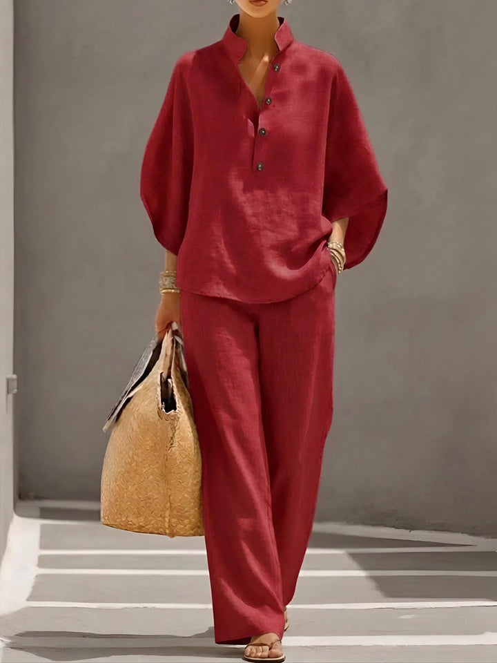 Sloane | Women's Mandarin Collar Kimono Linen Two-Piece Set - Red