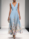 Sophie | Women's Floral V-Neck Midi Dress, A-Line Wedding Guest Dress | The Shrader Sisters | Light Blue