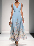 Sophie | Women's Floral V-Neck Midi Dress, A-Line Wedding Guest Dress | The Shrader Sisters | Light Blue