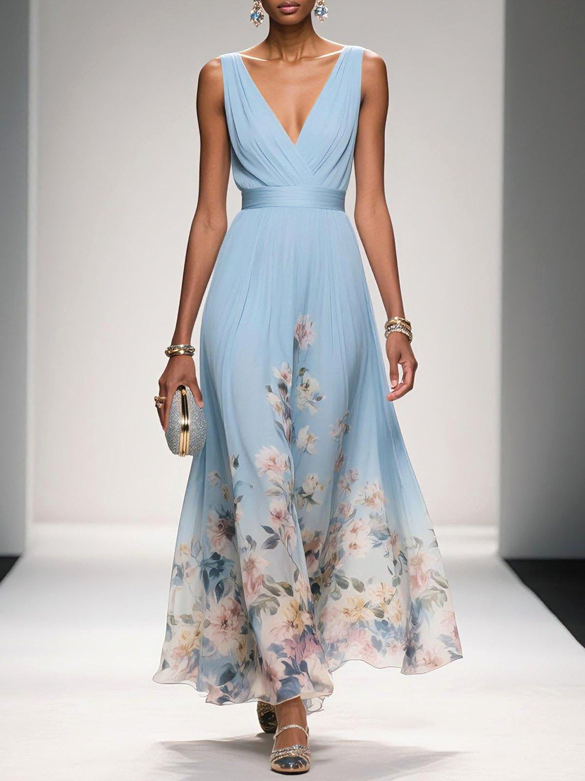 Sophie | Women's Floral V-Neck Midi Dress, A-Line Wedding Guest Dress | The Shrader Sisters | Light Blue