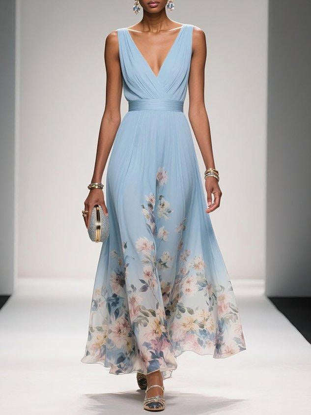 Sophie | Women's Floral V-Neck Midi Dress, A-Line Wedding Guest Dress | The Shrader Sisters