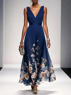 Sophie | Women's Floral V-Neck Midi Dress, A-Line Wedding Guest Dress | The Shrader Sisters | Navy Blue