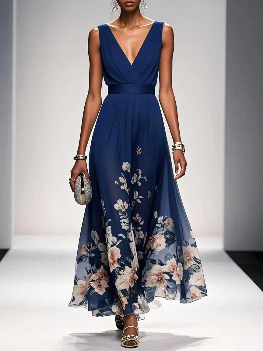 Sophie | Women's Floral V-Neck Midi Dress, A-Line Wedding Guest Dress | The Shrader Sisters | Navy Blue