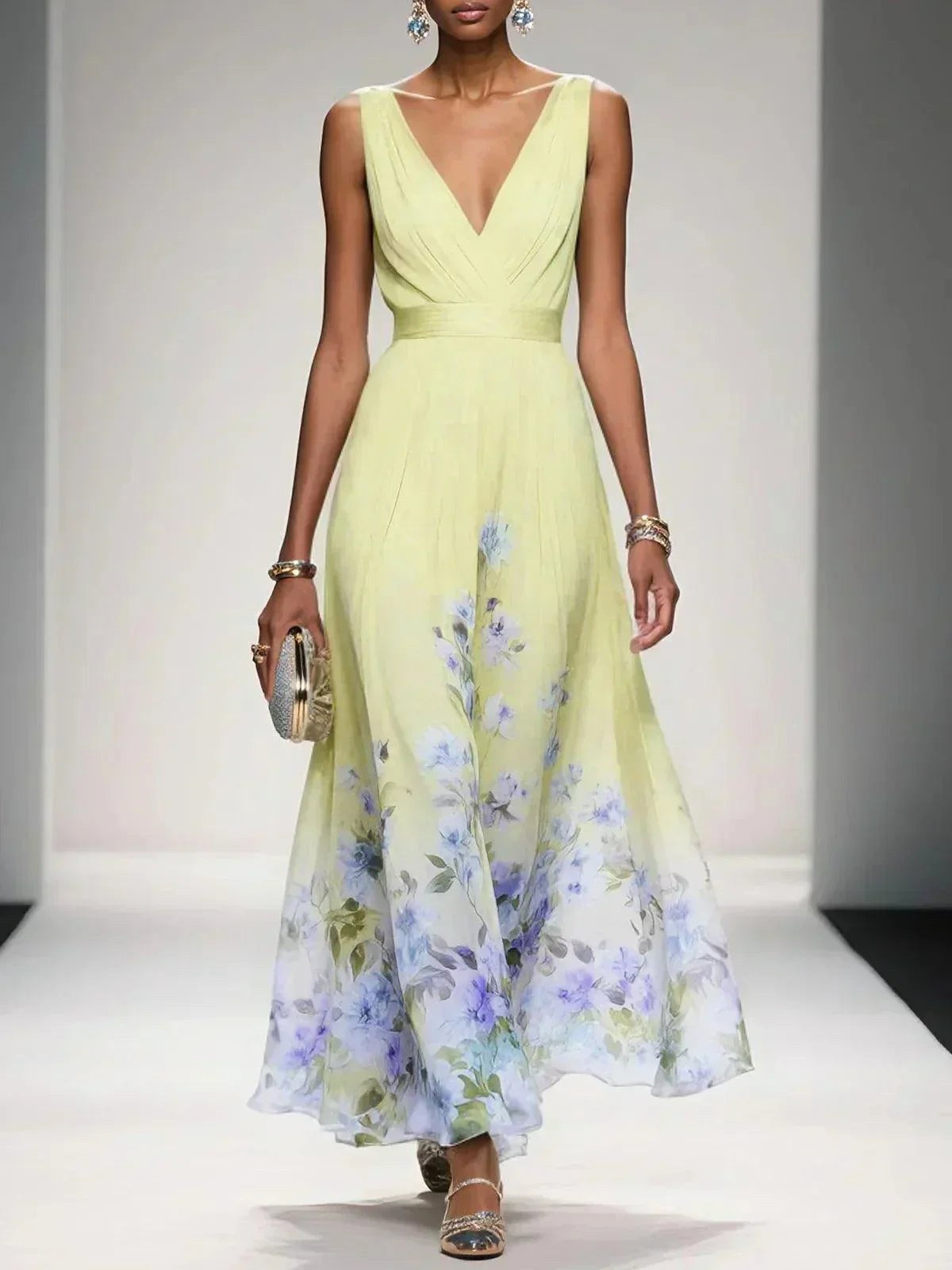 Sophie | Women's Floral V-Neck Midi Dress, A-Line Wedding Guest Dress | The Shrader Sisters | Yellow