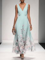 Sophie | Women's Floral V-Neck Midi Dress, A-Line Wedding Guest Dress | The Shrader Sisters | Light Green