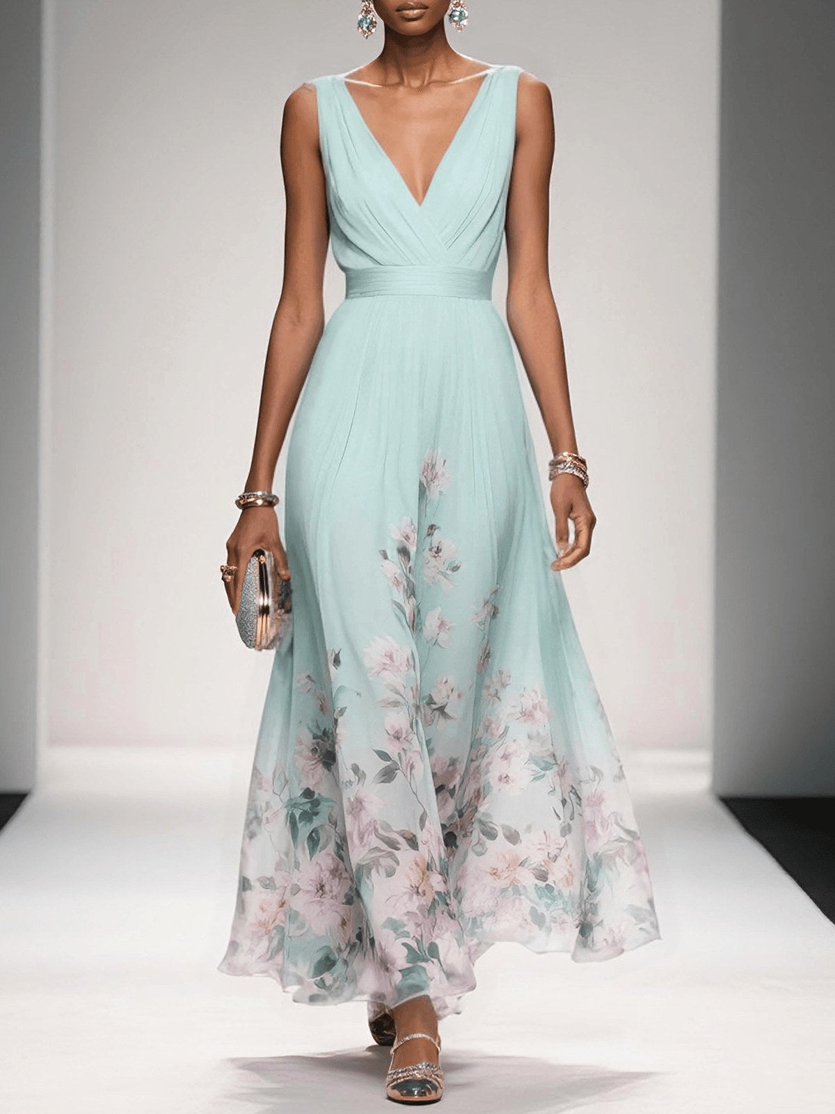 Sophie | Women's Floral V-Neck Midi Dress, A-Line Wedding Guest Dress | The Shrader Sisters | Light Green