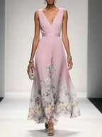 Sophie | Women's Floral V-Neck Midi Dress, A-Line Wedding Guest Dress | The Shrader Sisters | Pink