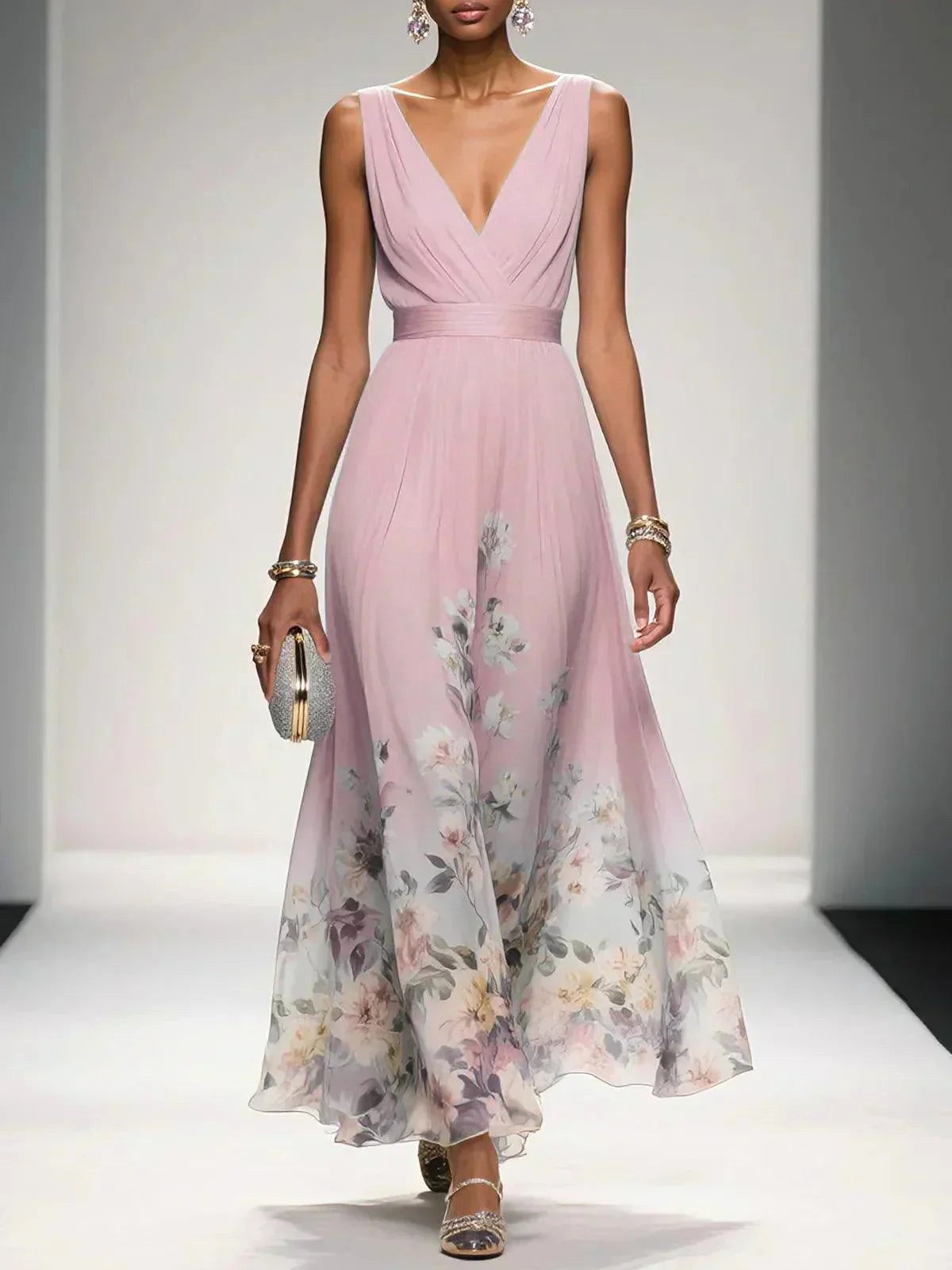 Sophie | Women's Floral V-Neck Midi Dress, A-Line Wedding Guest Dress | The Shrader Sisters | Pink