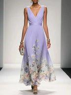 Sophie | Women's Floral V-Neck Midi Dress, A-Line Wedding Guest Dress | The Shrader Sisters | Purple