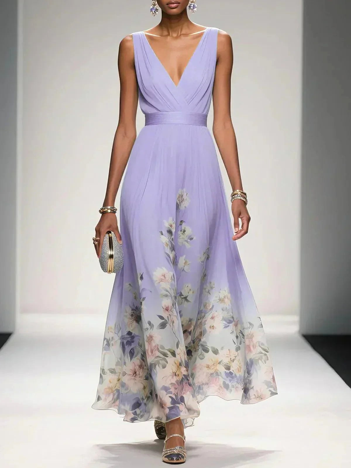 Sophie | Women's Floral V-Neck Midi Dress, A-Line Wedding Guest Dress | The Shrader Sisters | Purple